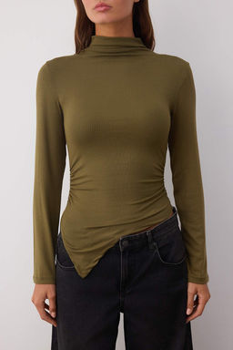 Haki Fitted Buzgu/Drape Detayl? Dik Yaka Orme Bluz TWOAW25BZ00145