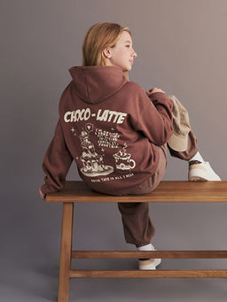 Kap??onlu S?rt Bask?l? K?z ?ocuk Sweatshirt