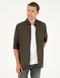 Koyu Haki Regular Fit %100 Keten G_mlek