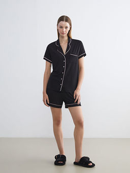 G?mlek Yaka Kad?n ?ortlu Pijama Tak?m?