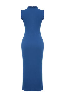 Indigo F?rf?r Detayl? Fitilli Vucuda Oturan Midi Esnek Orme Kalem Elbise TWOSS22EL1569