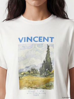 Van Gogh Bask?l? %100 Pamuklu Kad?n Ti??rt