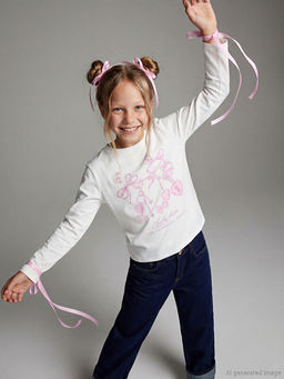 Bisiklet Yaka Bask?l? K?z ?ocuk Ti??rt