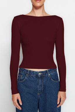 Koyu Bordo Pamuklu S?rt Dekolteli Fitted/Vucuda Oturan Esnek Orme Bluz TWOAW24BZ00160