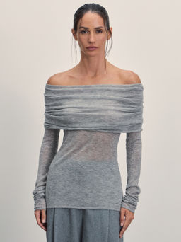 Вязаный лонгслив с открытыми плечами из 100% шерсти / Zarina  фото 4