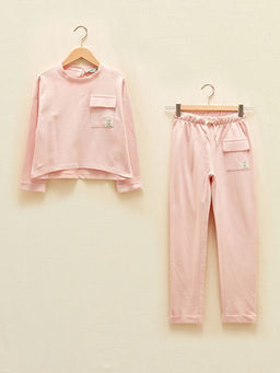 Bisiklet Yaka Bask?l? Uzun Kollu K?z ?ocuk Sweatshirt ve Pantolon