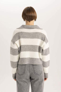 Полосатый свитер из ткани селаник с воротником-поло свободного покроя - Defacto фото 6