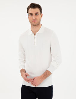 Ekru Regular Fit Fermuarl_ Polo Yaka Triko Kazak
