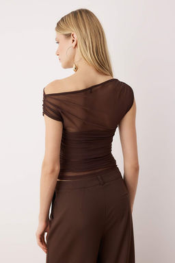 Koyu Kahverengi Astarl? Carmen Yaka Orme Tul Party Bluz TPRAW26BZ00007 - Trendyolmilla фото 4