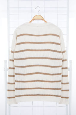 Vizon Casual Oversize Bisiklet Yaka Cizgili Triko Kazak TMNAW23KZ00285