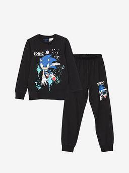 Bisiklet Yaka Sonic Bask?l? Uzun Kollu Erkek ?ocuk Pijama Tak?m?