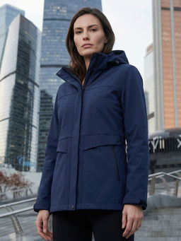 Ветровка женская софтшелл виндстоппер с капюшоном спортивная темно-синего цвета 9616_1TS