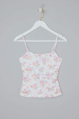 Cok Renkli Cicekli Fitted/Vucuda Oturan Kruvaze Kolsuz Dantel Orme Bluz TWOSS26BZ00390