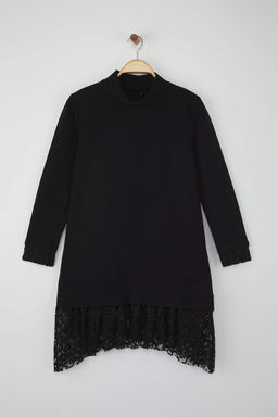 Siyah Dik Yaka Shift/Duz Kesim Uzun Kollu Dantel Garni Detayl? Mini Orme Elbise TWOAW26EL00095