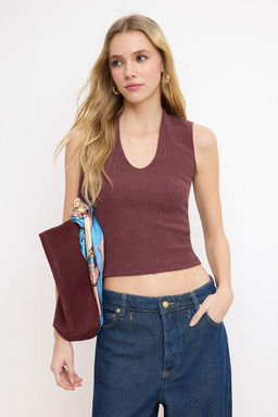 Tas Fitted/Vucuda Oturan V Yaka Kolsuz Crop Dokulu Orme Bluz TWOSS26BZ00249 - Trendyolmilla фото 5