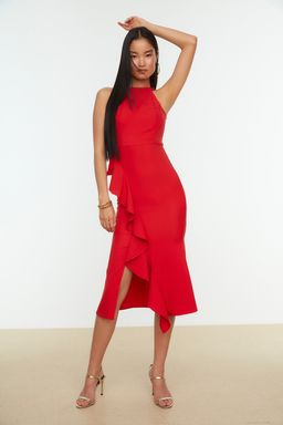 TRENDYOLMILLA Siyah Astarl? Volanl? Dokuma S?k Abiye Elbise TPRAW19BB0144 фото 4