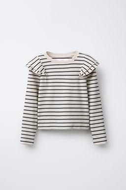 STRIPED RIBBED T-SHIRT WITH RUFFLES