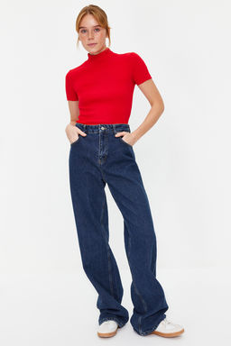 Trendyolmilla K?rm?z? Fitted/Vucuda Oturan Dik Yaka Crop Fitilli Esnek Orme Bluz TWOSS21BZ0780