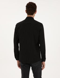 Siyah _izgi Bask_l_ Slim Fit Uzun Kollu G_mlek