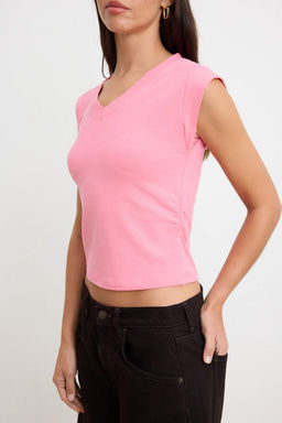 Pembe Regular/Normal Kal_p V Yaka Ay Kol K_sa Kollu Pamuk Ribana _rme T-shirt TWOSS26TS00285 - Trendyolmilla фото 4