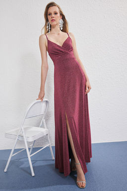 Pembe Par?lt?l? Belden Ac?lan Simli Orme Maxi Abiye Gece Mezuniyet Elbisesi TPRSS25AE00175