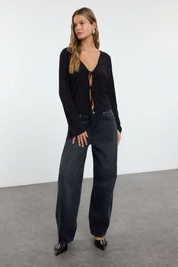 Trendyolmilla Siyah Vucuda Oturan Regular/Normal Kal?p Baglama Detayl? Esnek Orme Bluz TWOAW25BZ00254  фото 2