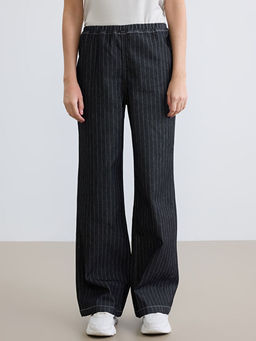 Beli Lastikli ?izgili Wideleg Kad?n Jean Pantolon