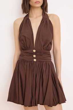 Koyu Kahverengi Duz Baglama Detayl? K?sa / Mini Dokuma Elbise TPRSS25EL00319