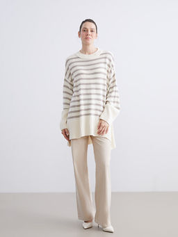 Bisiklet Yaka ?izgili Oversize Kad?n Triko Kazak