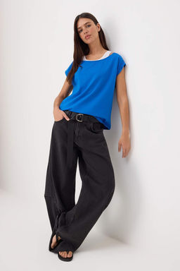 Siyah Renk Bloklu Regular Kay?k Yaka Dusuk Kol K?sa Tok %100 Pamuk Orme T-Shirt TWOSS26TS00217 - Trendyolmilla фото 7