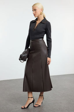 Koyu Kahverengi Suni Deri Yuksek Bel Maxi Etek TWOAW24ET00151