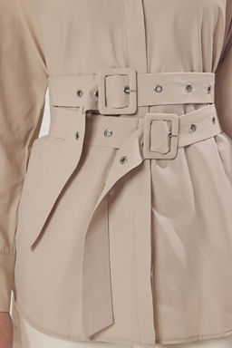 Siyah Kemer Detayl? Oversize Genis Kal?p Dokuma Gomlek TWOAW25GO00025