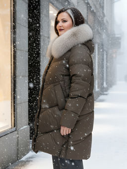 Пальто зимнее утепленное с мехом и капюшоном тренд темно-коричневого цвета 7745TK - Visdeer фото 15