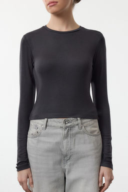 Antrasit Premium Viskon Bisiklet Yaka Crop Esnek Orme Bluz TWOAW24BZ00116