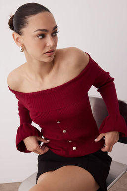 Bordo Fitted/Vucuda Oturan Carmen Yaka Fitilli Triko Kazak TWOAW26KZ00010 - Trendyolmilla фото 2