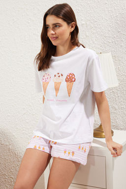 Trendyolmilla Beyaz %100 Pamuklu Dondurma Bask?l? Sortlu Orme Pijama Tak?m? THMSS25PT00276  фото 2