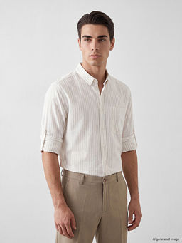 Regular Fit ?izgili Keten Kar???ml? Erkek G?mlek