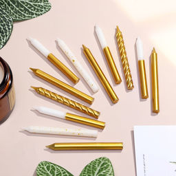 Цена за 2 шт. Свеча для торта «Золотая вечеринка», 12 шт., 8 см, белый и золотой металлик