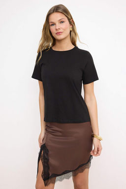 Siyah %100 Pamuk Basic Bisiklet Yaka Orme T-Shirt TWOSS23TS00000