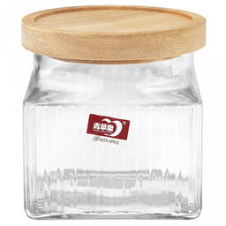 Банка стеклянная прижимная крышка Эстет 900мл, 11х11см h11см, деревянная крышка с уплотнителем, д/горла - 9,5см, основание - 10,3х10,3см, цветная коробка (Китай)