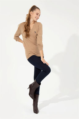 U. S. Polo Assn Женский базовый свитер светло-коричневого цвета с v-образным вырезом меланжевого цвета - U.s. polo assn фото 8