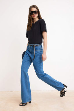 Koyu Mavi DOKUMLU Normal Bel %100 Pamuk Wide Leg Jeans TWOSS26JE00062 - Trendyolmilla фото 9