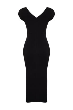 Siyah V Yaka Ay Kol Vucuda Oturan Fitilli Esnek Orme Orme Midi Kalem Elbise TWOSS24EL00818 - Trendyolmilla фото 8