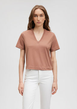 Pamuklu Merserize V Yaka Kahverengi Basic Tisort - Mavi фото 3