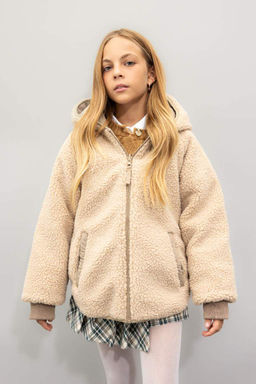 Плюшевое пальто с капюшоном и карманами на двусторонней молнии для девочек