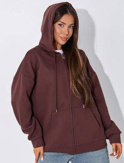K13021 Толстовка на молнии с капюшоном (плотный хлопок) КОРИЧНЕВЫЙ