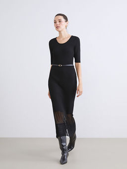 U Yaka Fitilli Kemerli Elbise