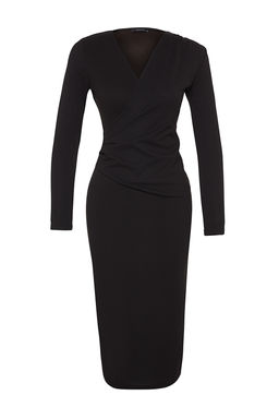 TRENDYOLMILLA Mor Kruvaze Yaka Uzun Kollu Buzgu Detayl? Vucuda Oturan Midi Orme Elbise TWOAW24EL00826 фото 11