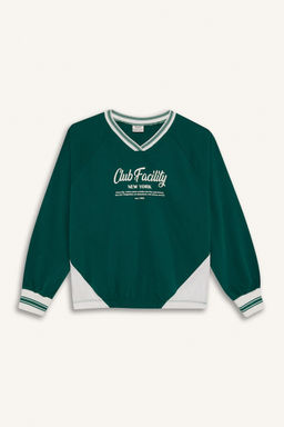 %100 Pamuk Oversize Geni_ Kal_p V Yaka Bask_l_ Okul Sweatshirt K_z _ocuk - Defacto фото 6