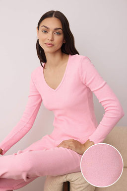 Pembe V Yaka Baby Overloklu Yumusak Tuse F?rcal? K?sl?k Fitilli Orme Pijama Tak?m? THMAW26PT00011